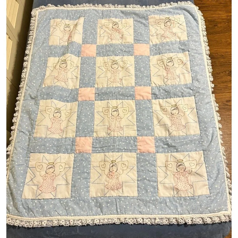 HM Crib Quilt Embroidered Farmhouse Angels Blue Pink Stars Lace 38x45 Country